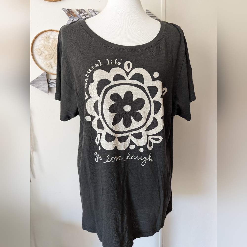 Natural Life Graphic Tee Logo "give. love. laugh" Olive Green XXXL